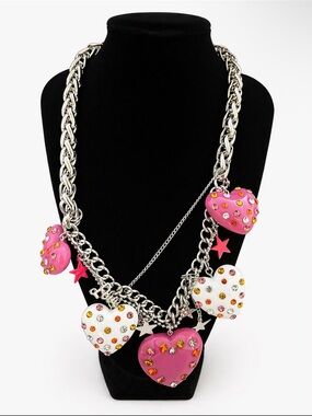 Y2K Pink Rhinestone Heart Charm Statement Necklace | Chunky Chain